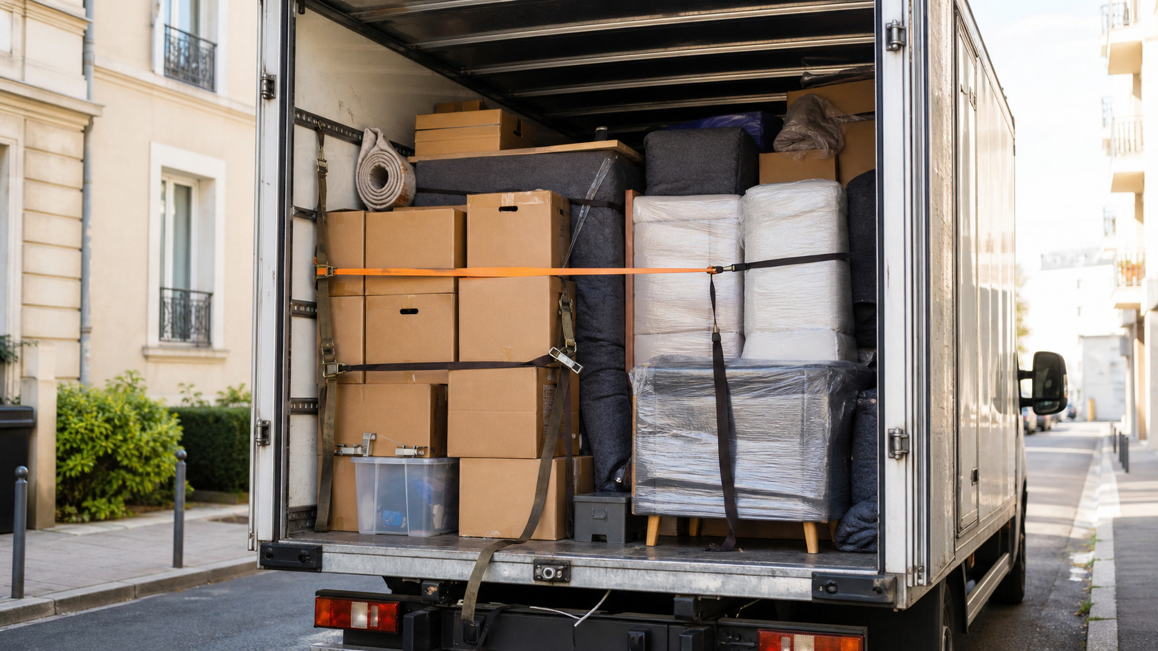 Camion de déménagement ouvert avec des cartons chargés et sanglés