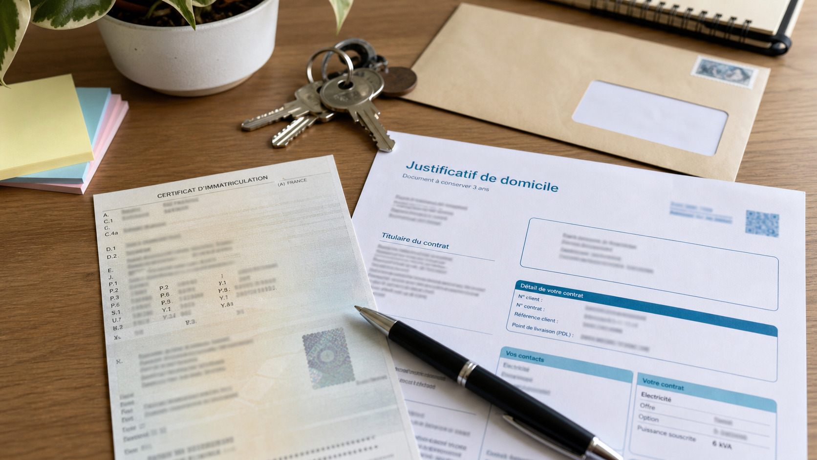 Certificat d'immatriculation et justificatif d'adresse posés sur un bureau