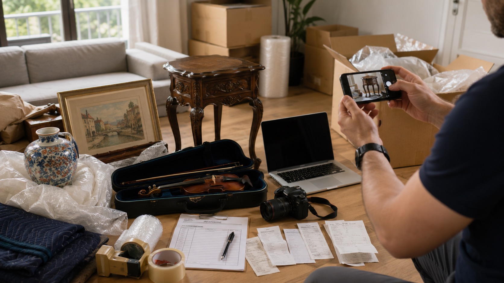 Objets fragiles photographiés avant emballage pour une déclaration de valeur
