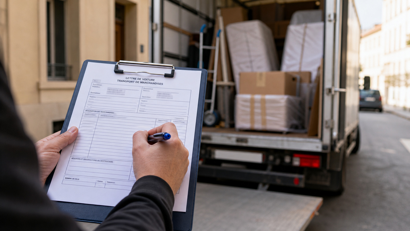 Lettre de voiture remplie sur le capot d'un camion de déménagement
