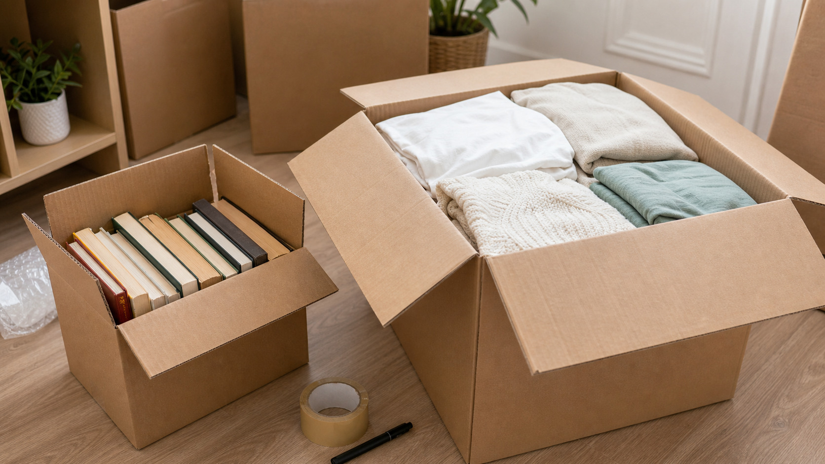 Petit carton de livres fermé à côté d'un grand carton de linge