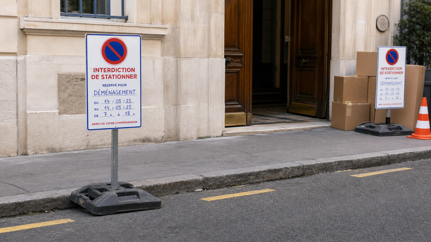 Panneau d'interdiction de stationner installé devant une entrée d'immeuble
