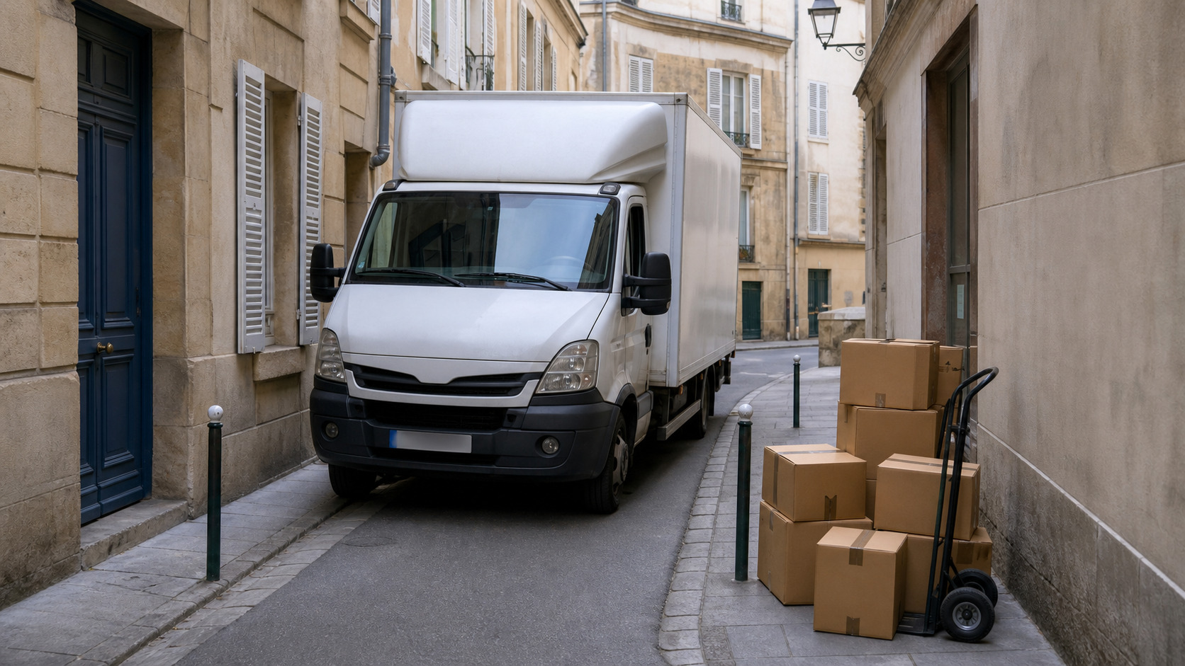 Camion de déménagement engagé dans une rue étroite avec des cartons sur le trottoir